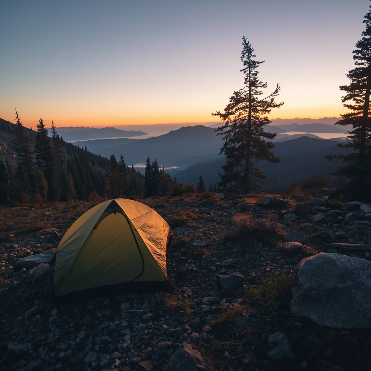 Bivouac en montagne au coucher du soleil, tente légère installée sur un terrain plat et rocheux, entourée d’arbres alpins et de sommets lointains, pratique du camping minimal impact, paysage naturel préservé, règlementation respectée